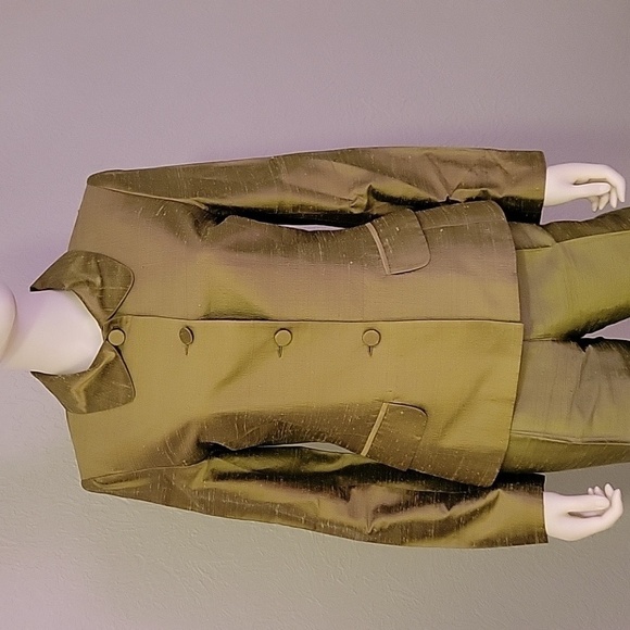 VTG 1960s PAULE VASSEUR Silk Taffeta Metallic Olive Green Mod Pant Suit - Picture 4 of 9
